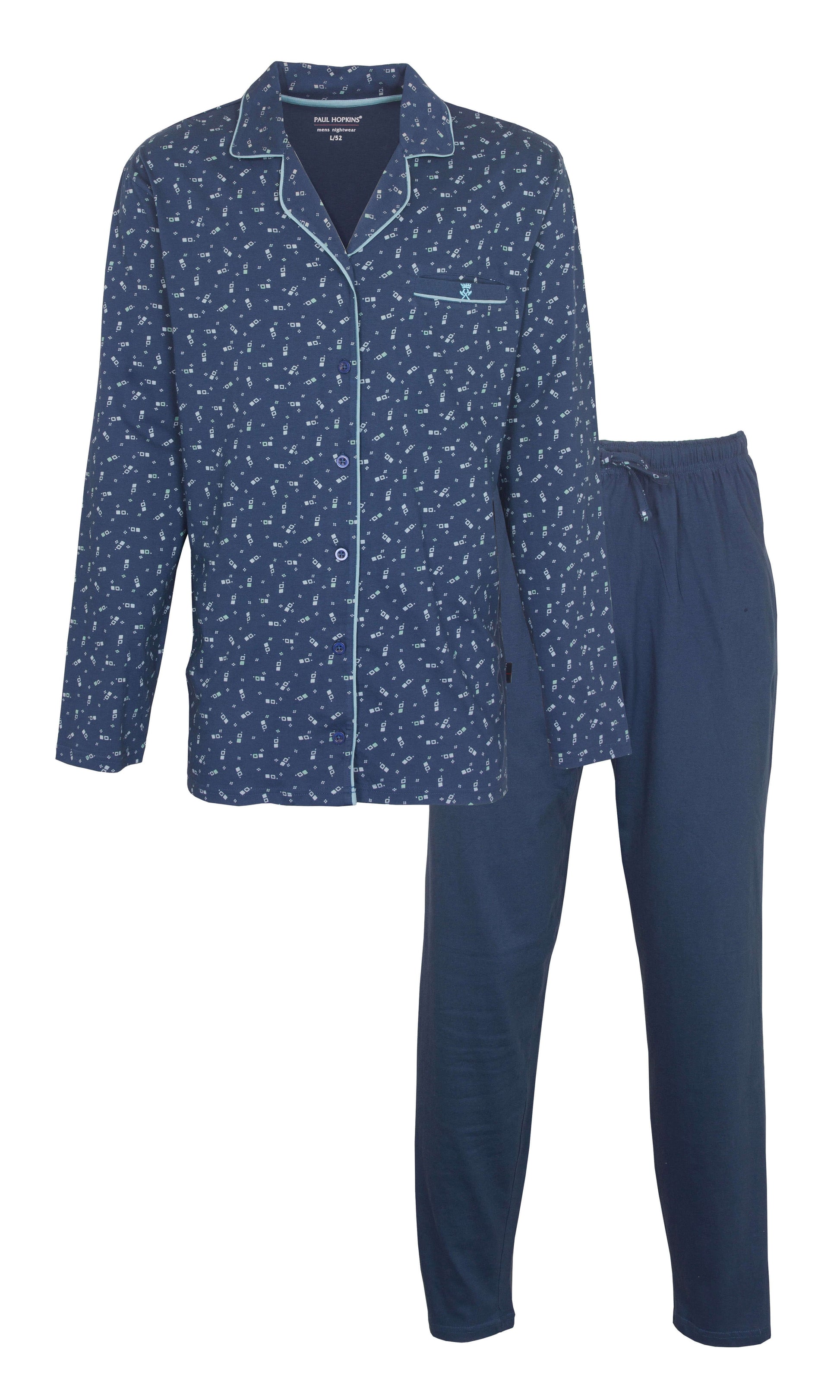 Blauwe katoenen pyjama set met doorknoop shirt bedrukt met kleine figuren en effen lange broek
