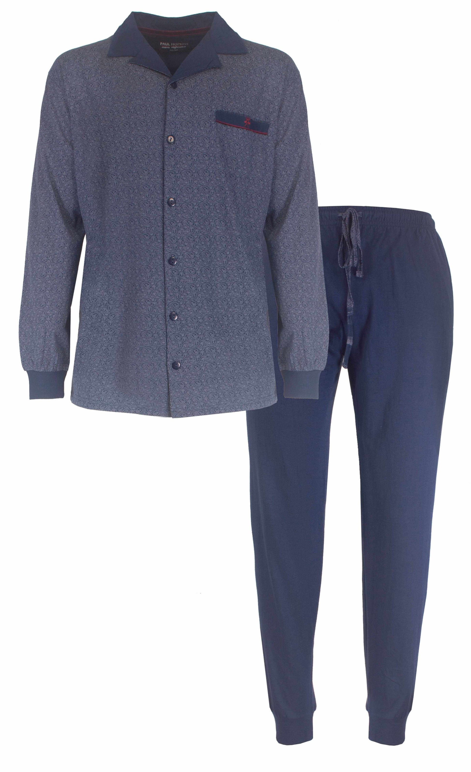 Blauwe heren pyjama set met geprint dessin, doorknoop shirt en lange broek van katoen