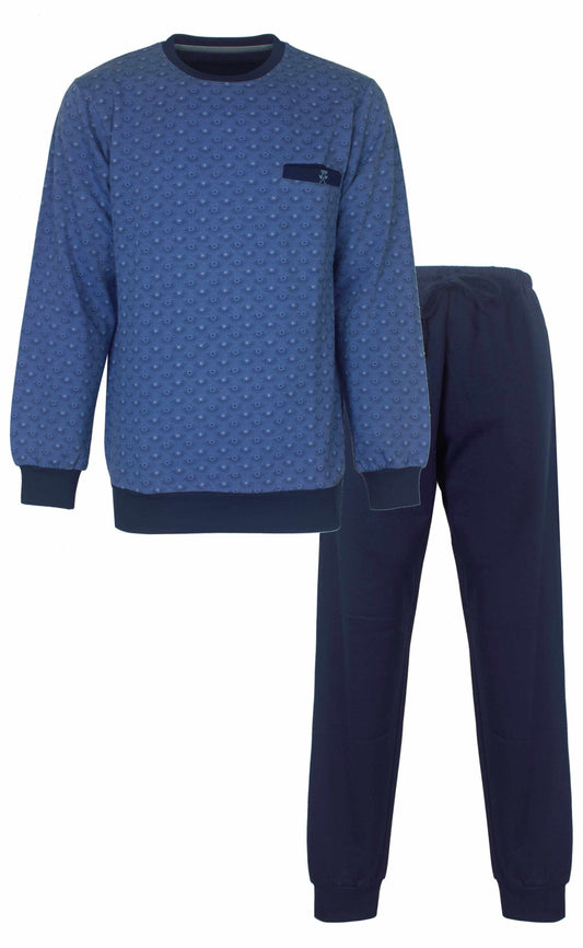 Blauwe fleece pyjama set voor heren, bestaande uit een trui met ronde hals en lange broek, beide in donkerblauw.