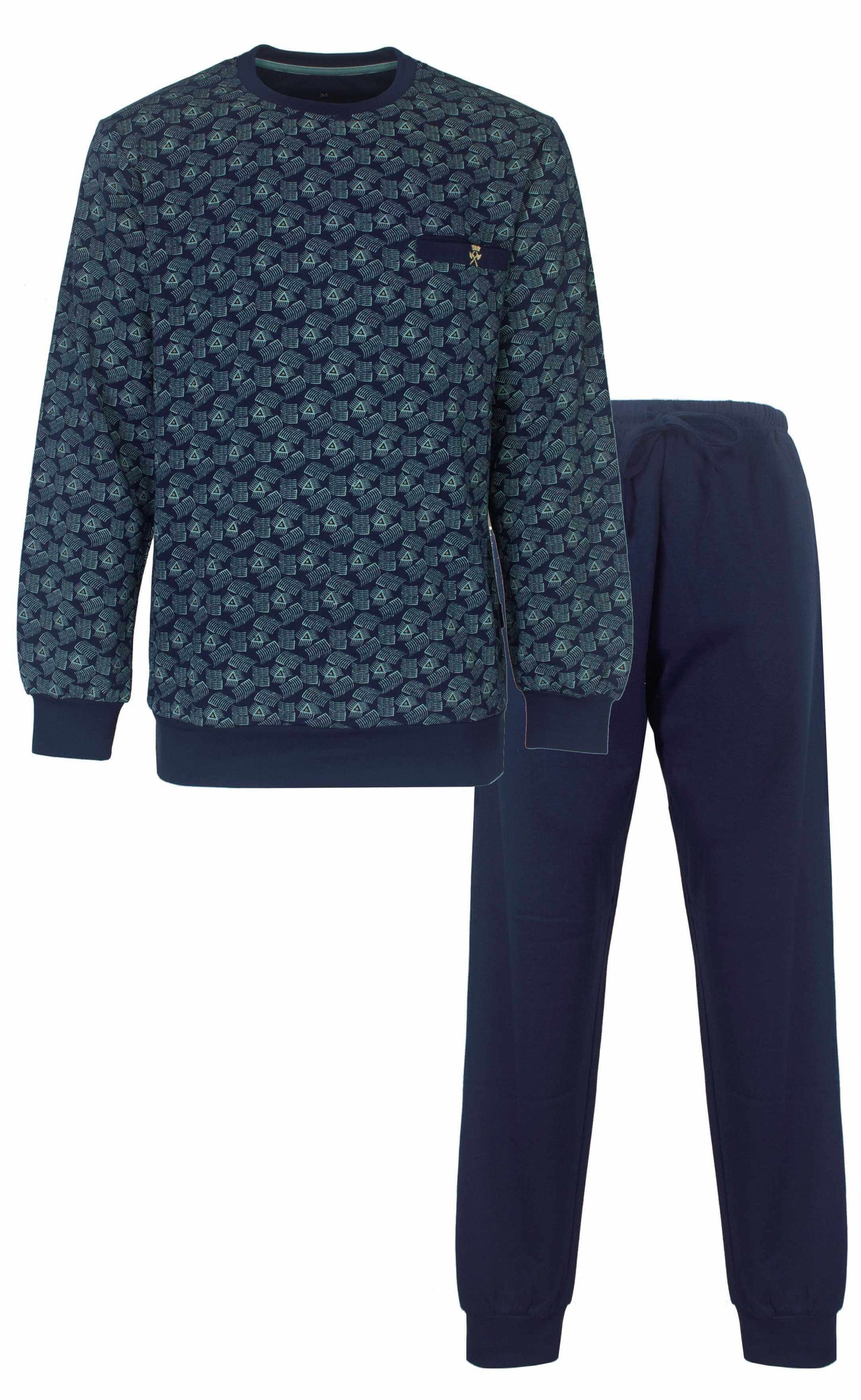 Donkerblauwe fleece pyjama set met all-over print op het shirt en effen broek, lange mouwen en ronde hals