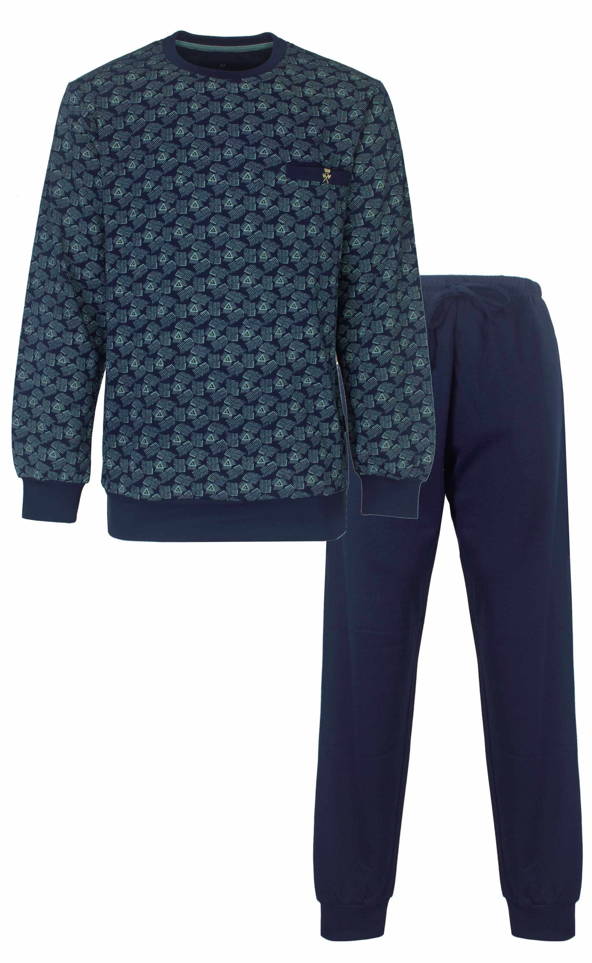Donkerblauwe fleece pyjama set met all-over print op het shirt en effen broek, lange mouwen en ronde hals