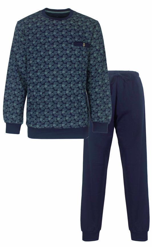 Donkerblauwe fleece pyjama set met all-over print op het shirt en effen broek, lange mouwen en ronde hals