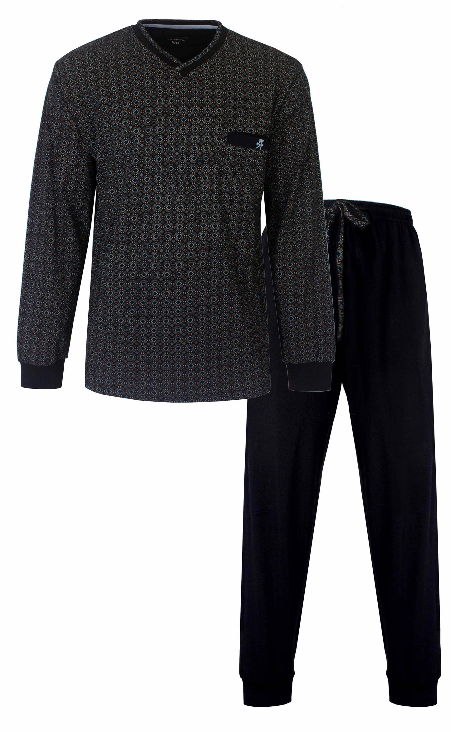 Donkerblauwe heren pyjama met geprint dessin op het shirt en effen broek, lange mouwen en V-hals