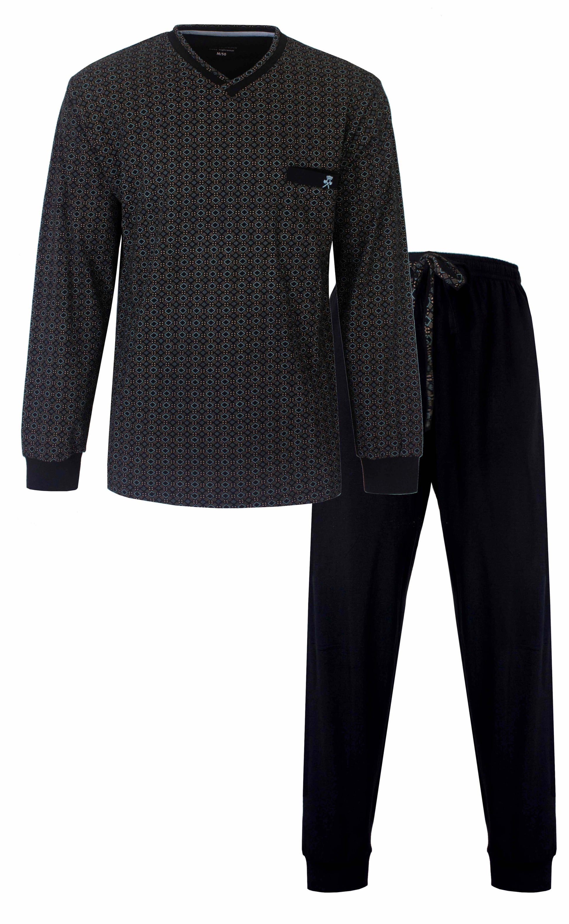 Donkerblauwe heren pyjama met geprint dessin op het shirt en effen broek, lange mouwen en V-hals