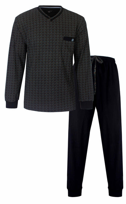 Donkerblauwe heren pyjama met geprint dessin op het shirt en effen broek, lange mouwen en V-hals