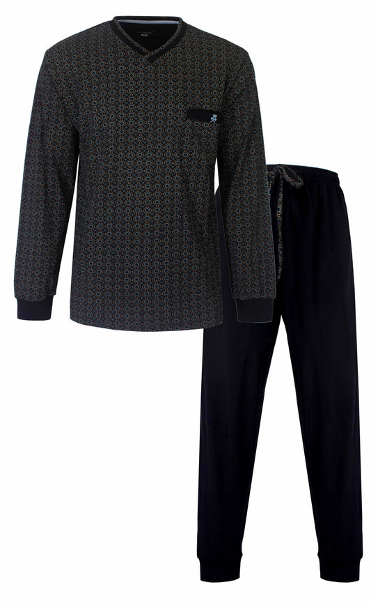 Donkerblauwe heren pyjama met geprint dessin op het shirt en effen broek, lange mouwen en V-hals