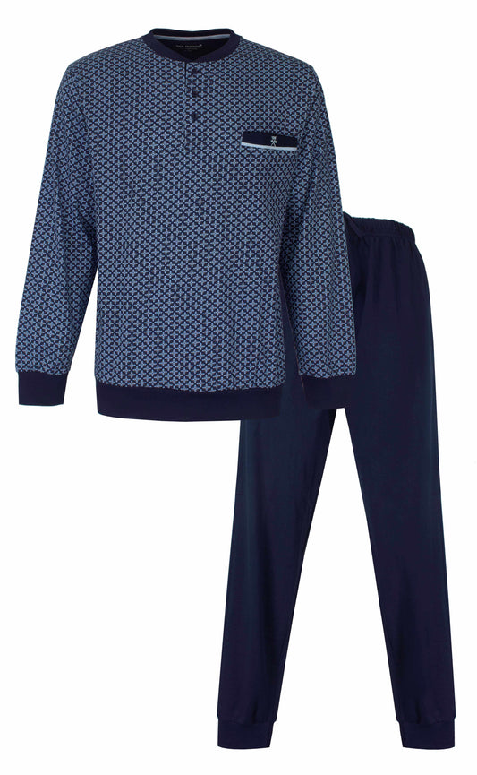 Donkerblauwe heren pyjama met geprint dessin op het shirt en effen broek, lange mouwen en pijpen