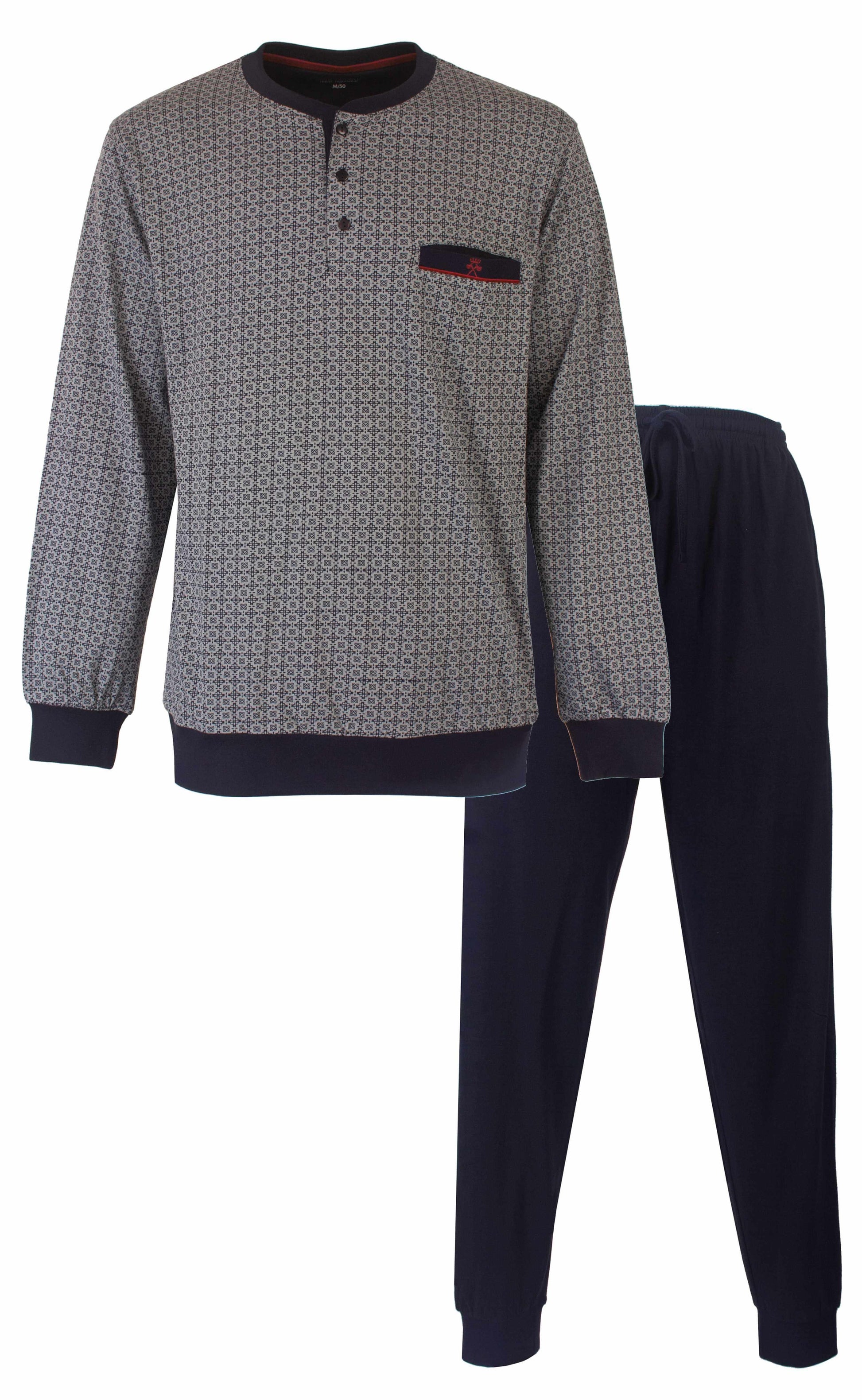 Donkerblauwe heren pyjama set met grijze lange mouw top met geometrisch patroon en effen broek