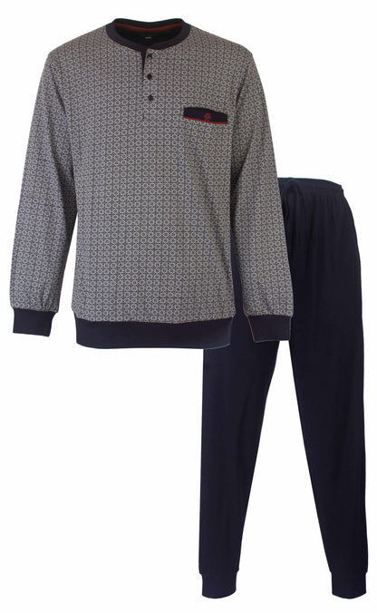Donkerblauwe heren pyjama set met grijze lange mouw top met geometrisch patroon en effen broek