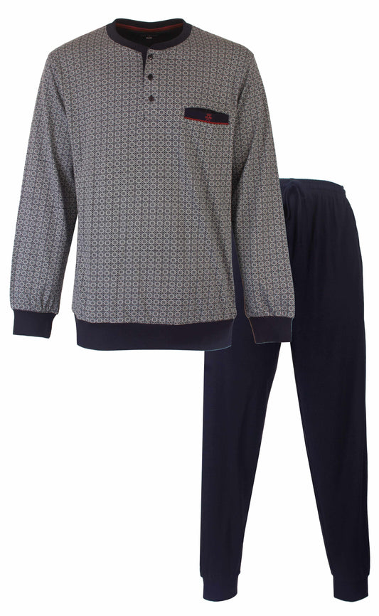 Donkerblauwe heren pyjama set met grijze lange mouw top met geometrisch patroon en effen broek