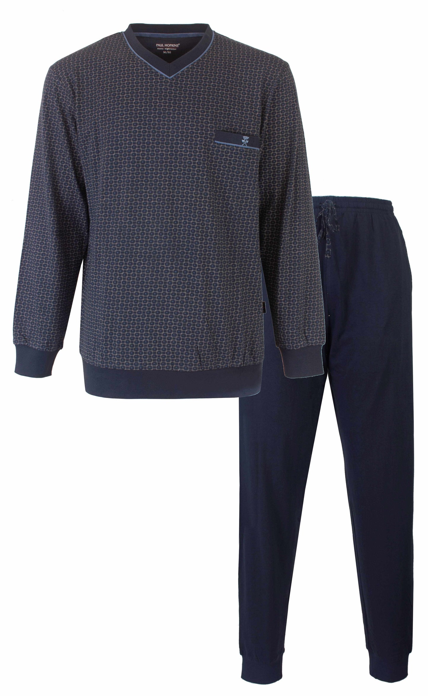 Donkerblauwe heren pyjama set met geprint dessin op shirt en effen lange broek, merk Paul Hopkins
