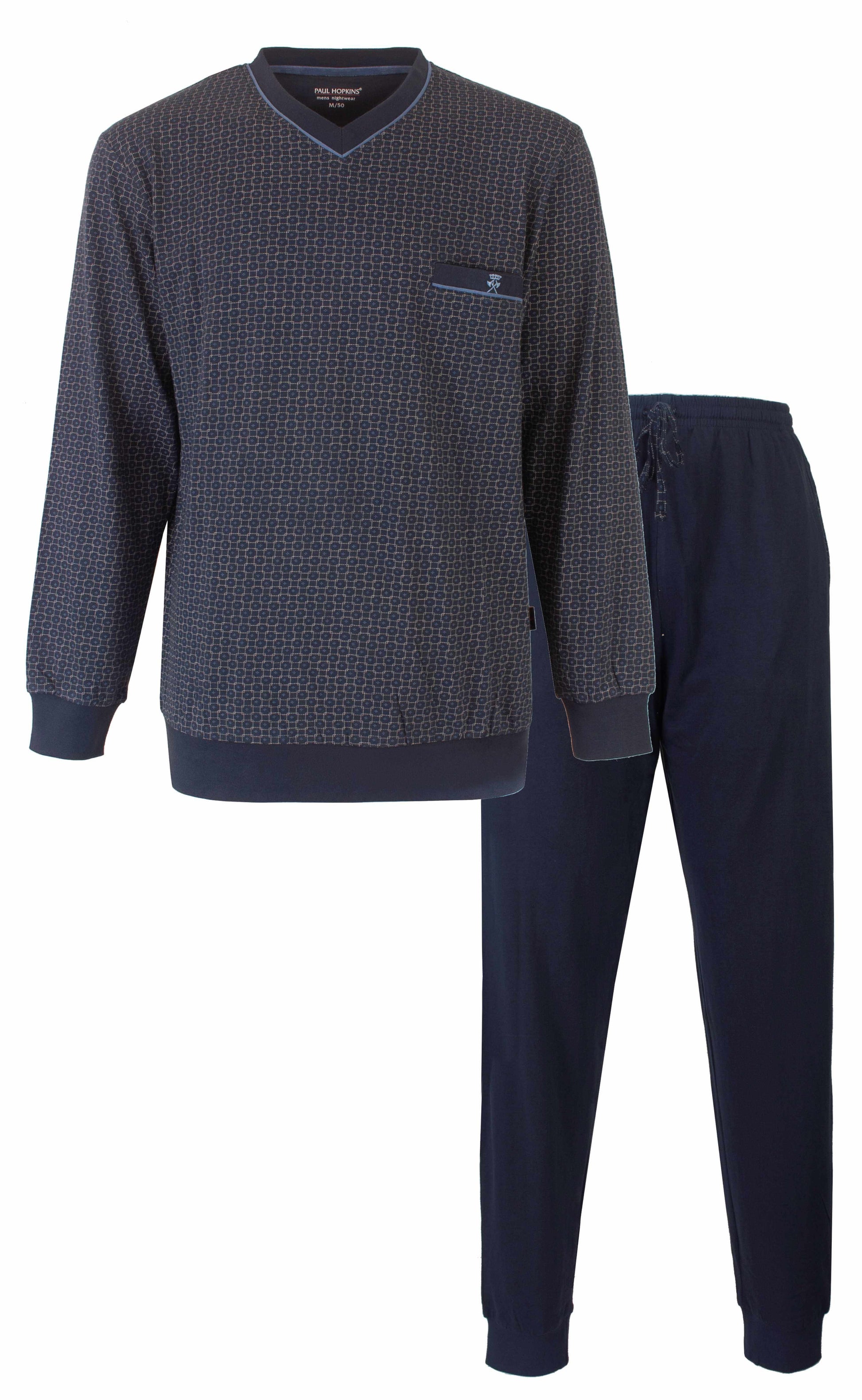Donkerblauwe heren pyjama set met geprint dessin op shirt en effen lange broek, merk Paul Hopkins