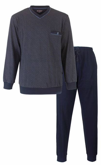 Donkerblauwe heren pyjama set met geprint dessin op shirt en effen lange broek, merk Paul Hopkins