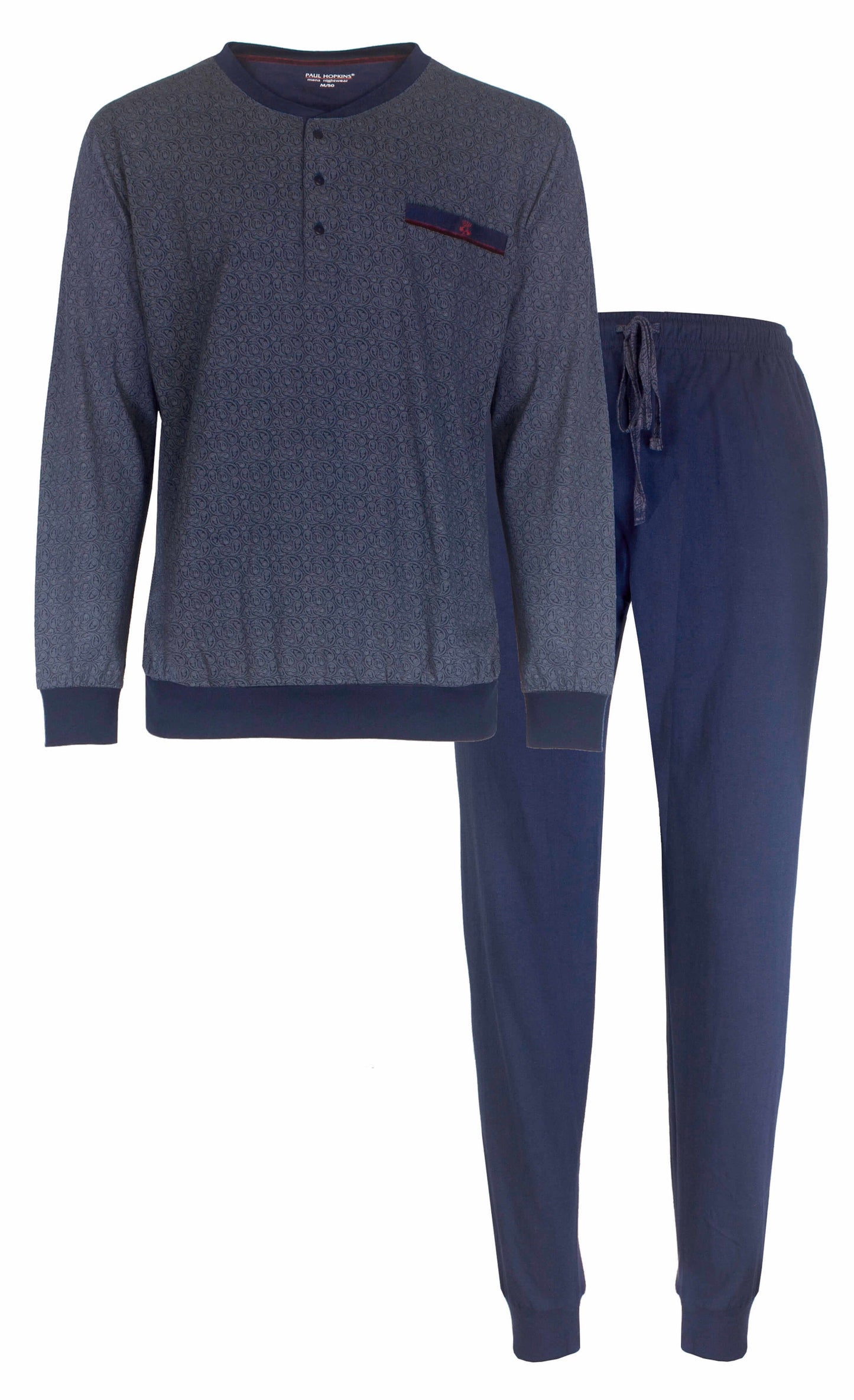 Blauwe heren pyjama set met geprint dessin, lange mouwen en broek, gemaakt van 100% katoen