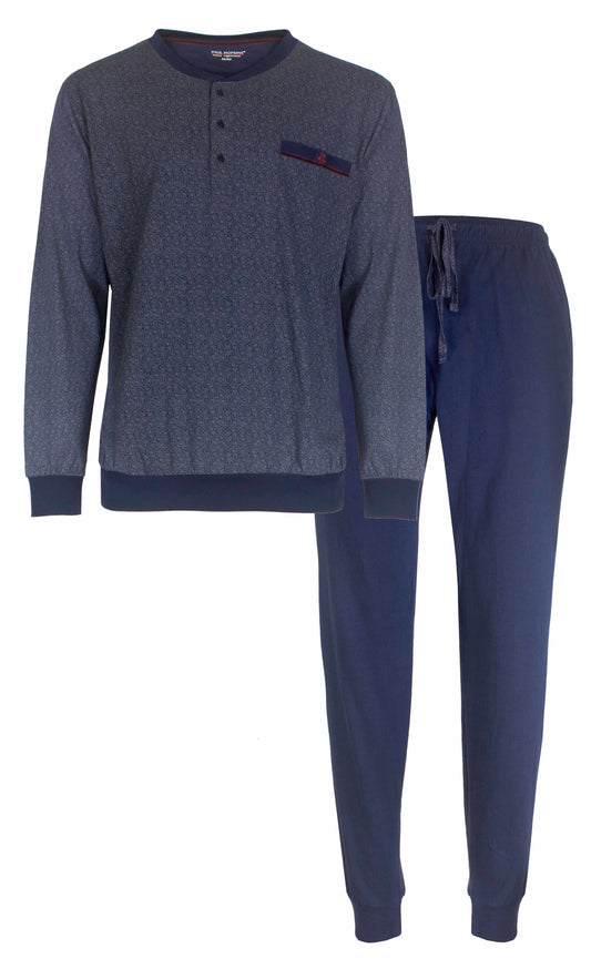 Blauwe heren pyjama set met geprint dessin, lange mouwen en broek, gemaakt van 100% katoen