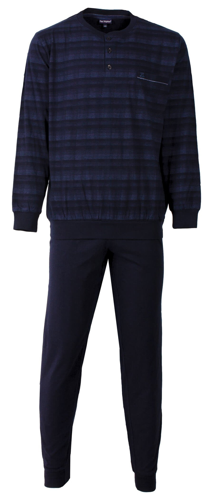 Blauwe geruite heren pyjama met lange mouwen, polo sluiting en bijpassende effen broek