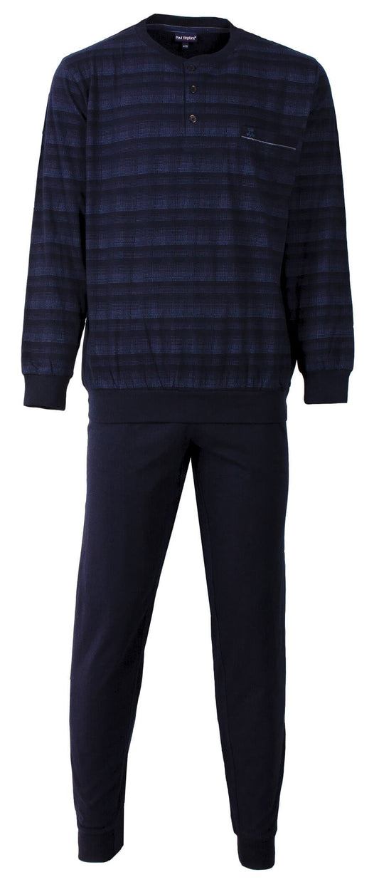 Blauwe geruite heren pyjama met lange mouwen, polo sluiting en bijpassende effen broek