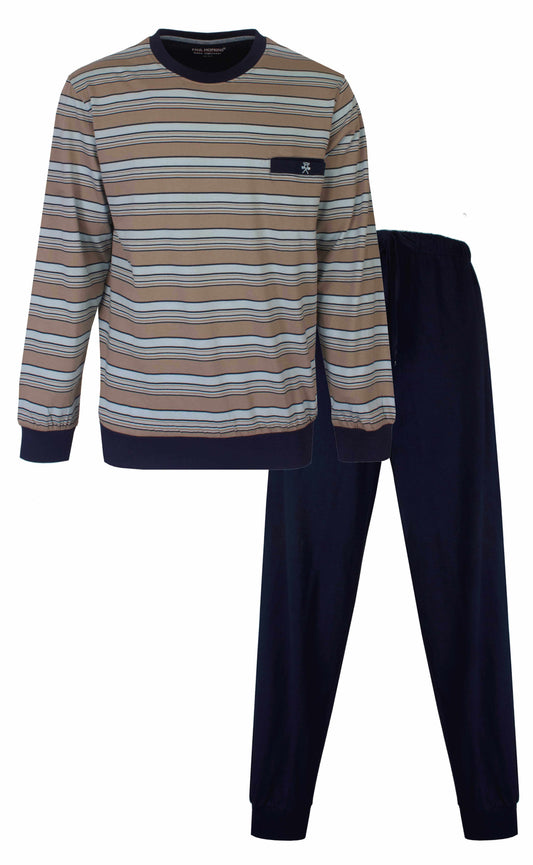 Gestreepte pyjama set met beige en blauwe strepen op het shirt en een donkerblauwe broek