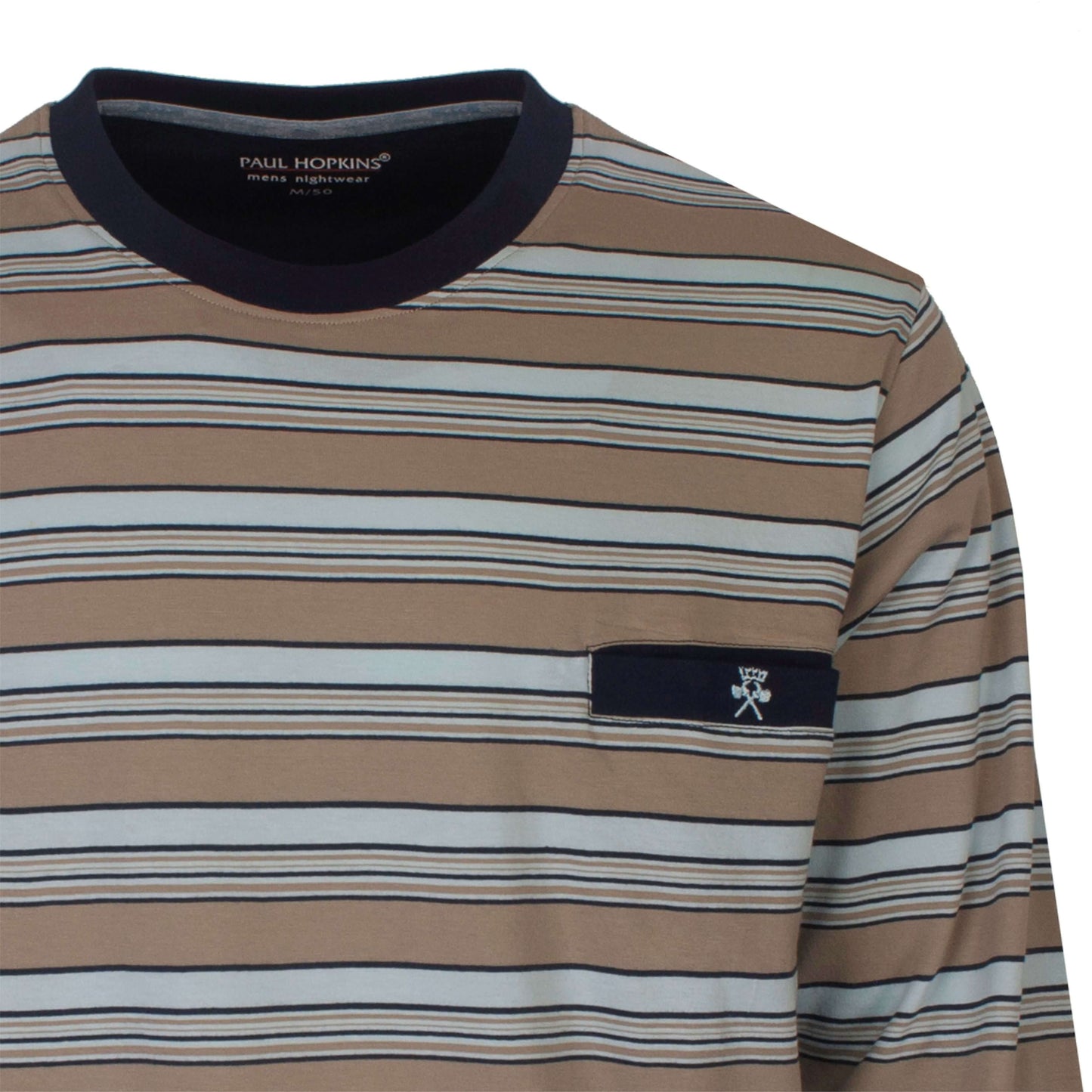Gestreepte pyjama top van Paul Hopkins in beige en blauw, met donkerblauw accent en merklogo op borstzak.