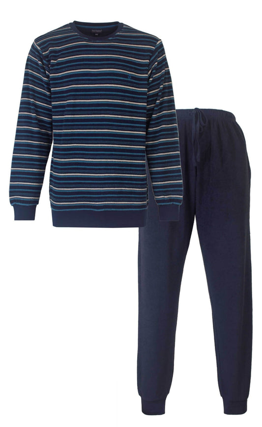 Blauwe gestreepte heren pyjama set met lange mouwen en lange broek, gemaakt van badstof materiaal