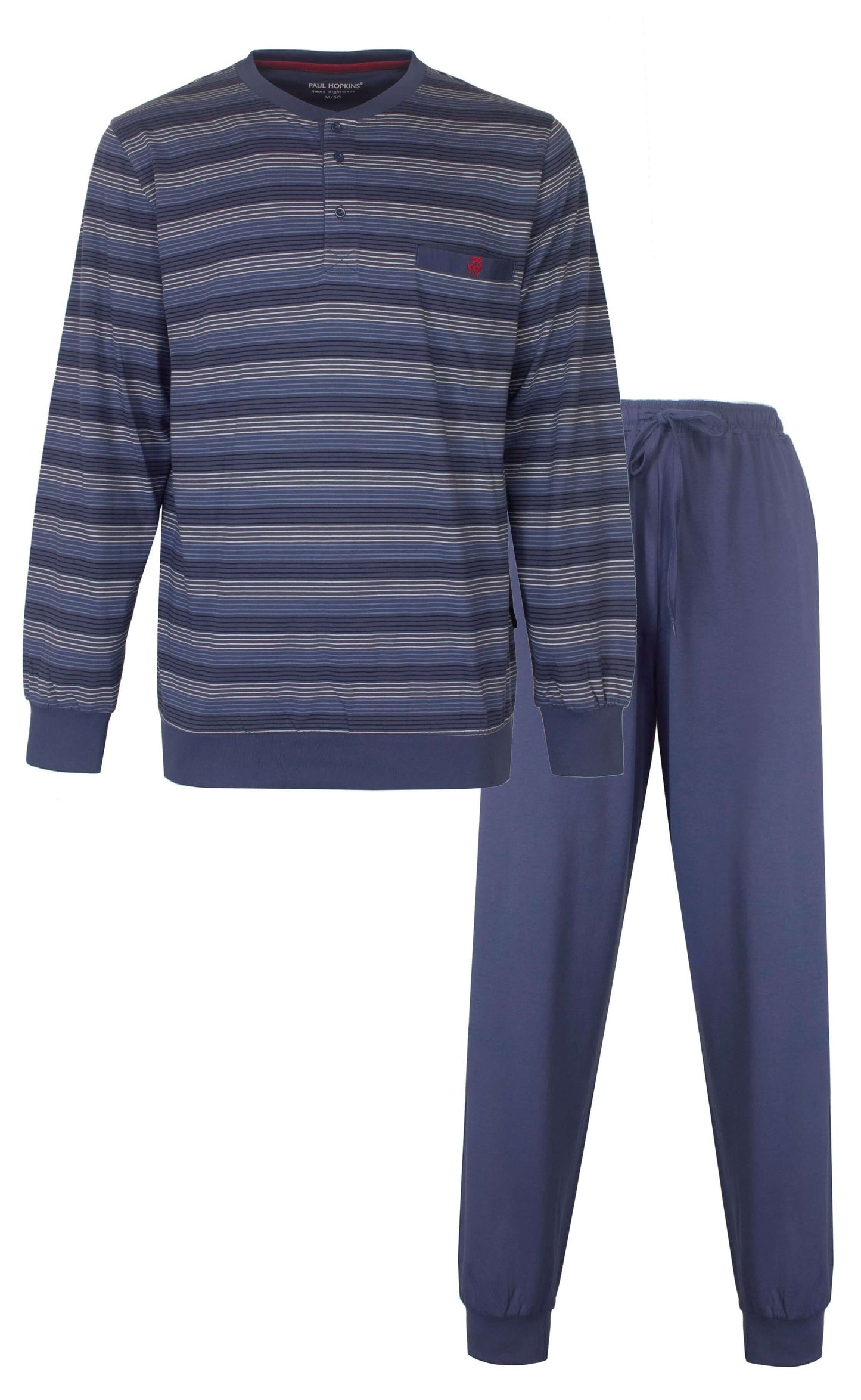 Blauwe gestreepte heren pyjama met lange mouwen en bijpassende effen blauwe broek van Paul Hopkins