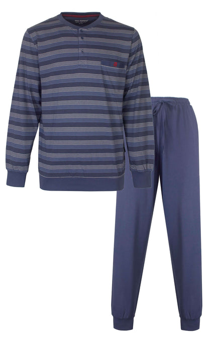 Blauwe gestreepte heren pyjama met lange mouwen en bijpassende effen blauwe broek van Paul Hopkins