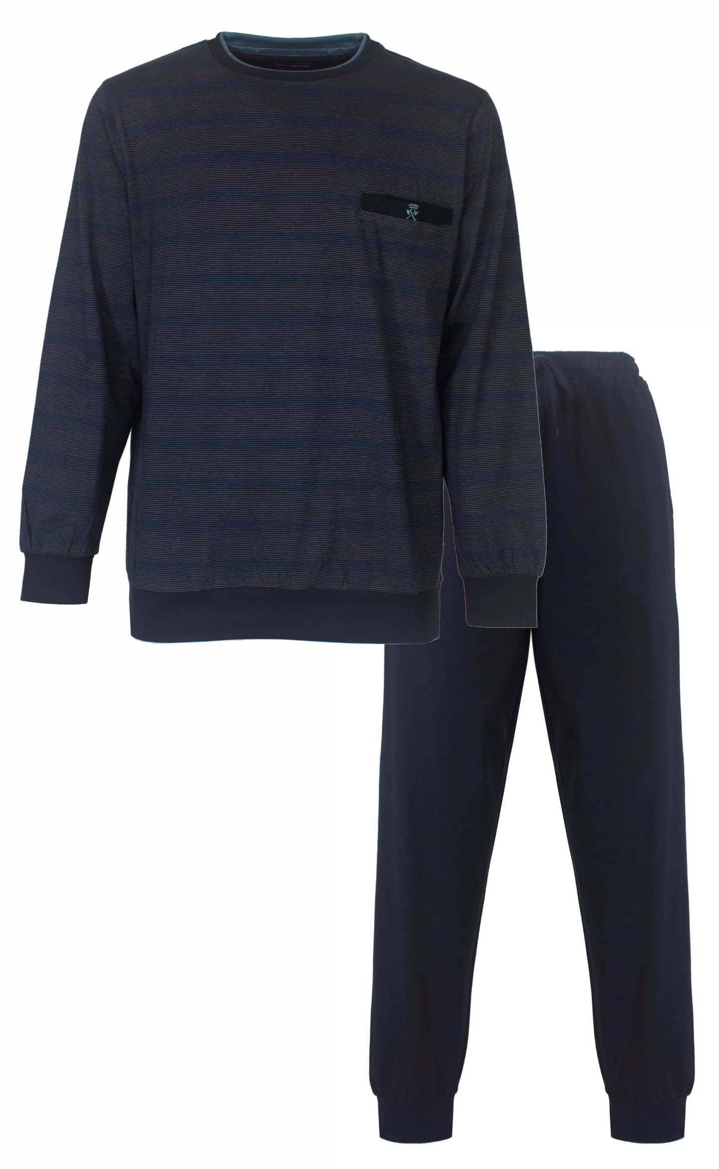 Blauwe gestreepte heren pyjama set met lange mouwen en broek, ronde hals en een borstzakje