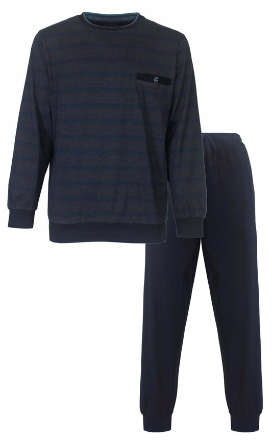 Blauwe gestreepte heren pyjama set met lange mouwen en broek, ronde hals en een borstzakje