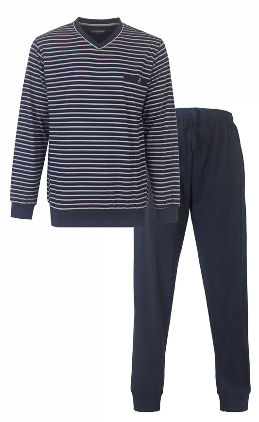 Blauw gestreepte pyjama seteren pyjama met lange mouwen en bijpassende effen blauwe broek van Paul Hopkins.