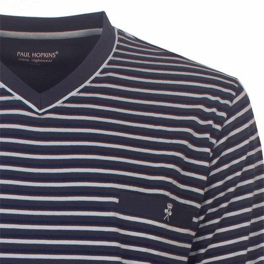 Bte herenpyjama van Paul Hopkins in blauw met lichtblauwe en beige strepen, V-hals en logo op de borst