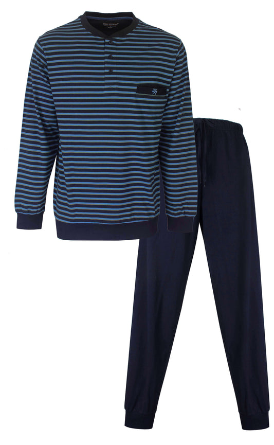 Blauw gestreepte heren pyjama met lange mouwen en knoopjes, en een effen donkerblauwe broek