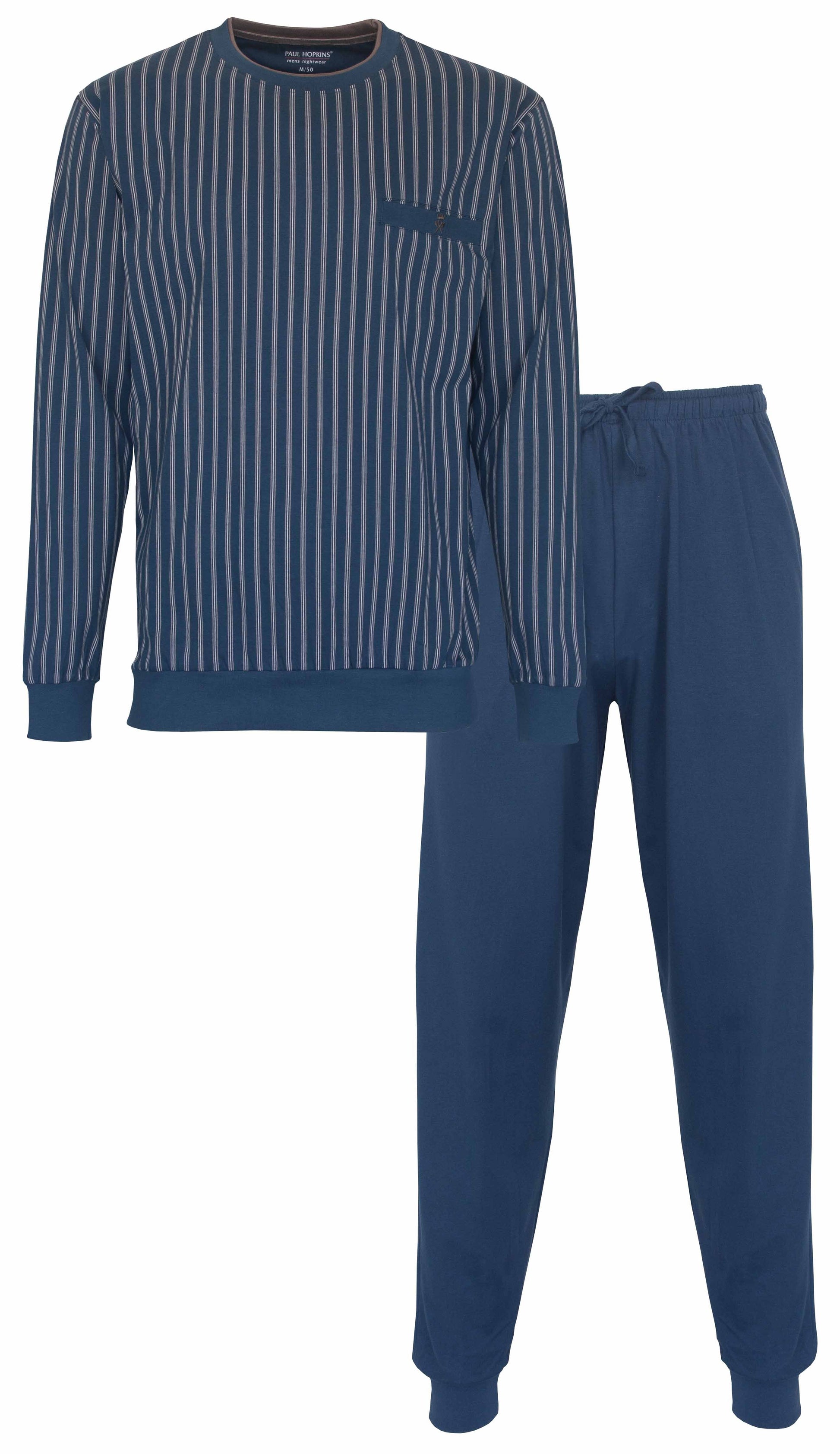 Blauwe gestreepte heren pyjama set met lange mouwen en lange broek, gemaakt van jersey katoen