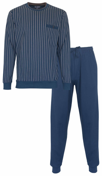 Blauwe gestreepte heren pyjama set met lange mouwen en lange broek, gemaakt van jersey katoen