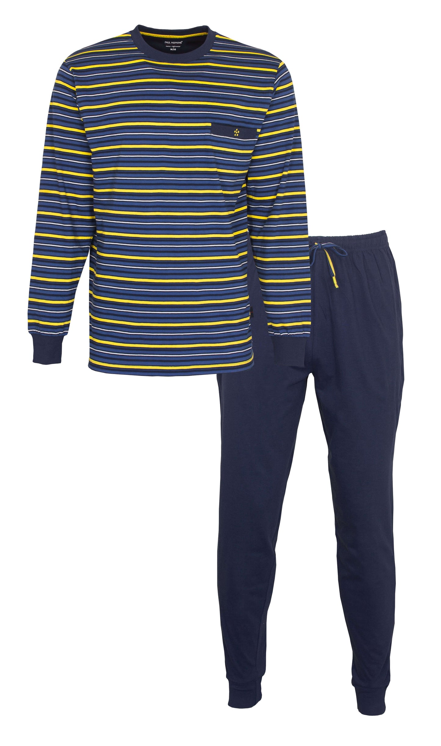 Blauw gestreepte pyjama met lange mouwen en bijpassende broek. broek, heeft gele en lichtblauwe strepen.