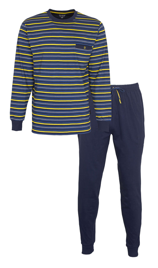 Blauw gestreepte pyjama met lange mouwen en bijpassende broek. broek, heeft gele en lichtblauwe strepen.