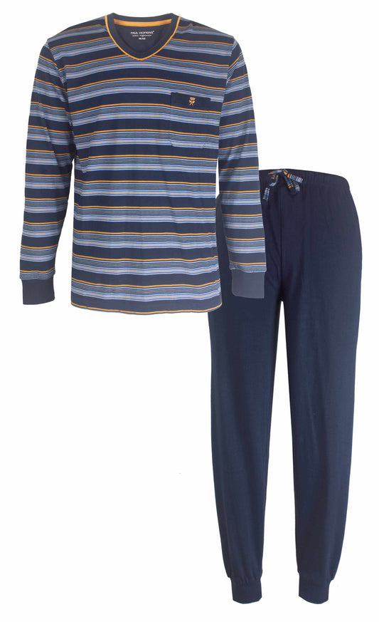 Gestreepte blauwe pyjama set met lange mouwen en broek, Paul Hopkins merk, gemaakt van 100% katoen