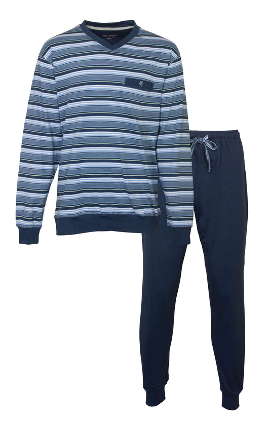 Blauwe gestreepte pyjama set met lange mouwen en lange broek, gemaakt van 100% katoen in verschillende tinten blauw.