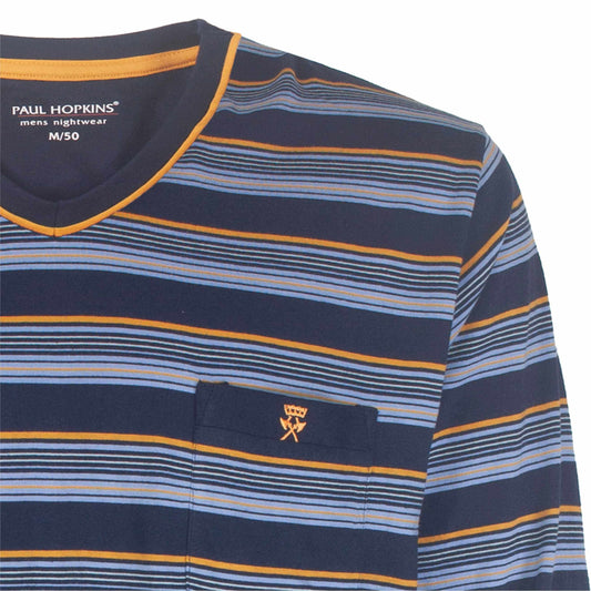 Gestreepte pyjama top van Paul Hopkins in donkerblauw met lichtblauwe en oranje strepen, V-hals en klein logo