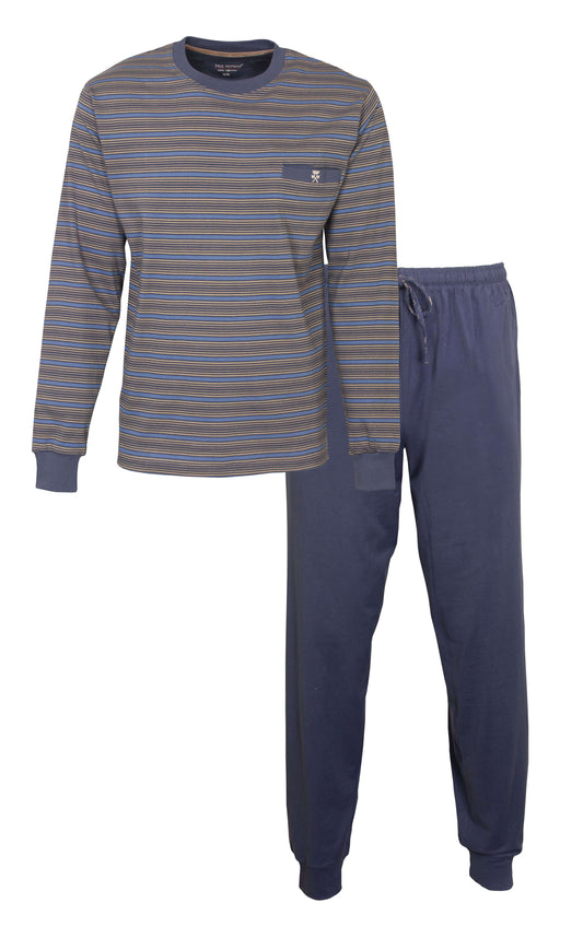 Blauwe gestreepte heren pyjama set met lange mouwen en bijpassende broek van Paul Hopkins