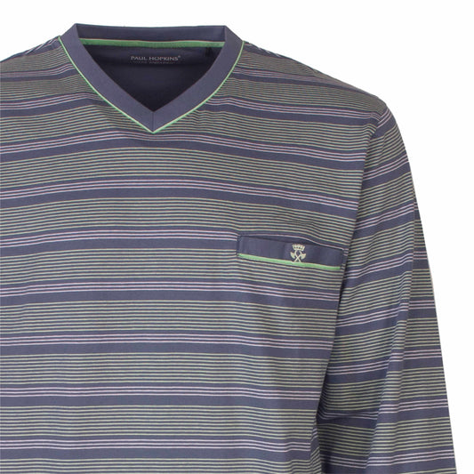 Gestreepte blauwe pyjama top met V-hals, lange mouwen en borstzakje met logo, gemaakt van katoen