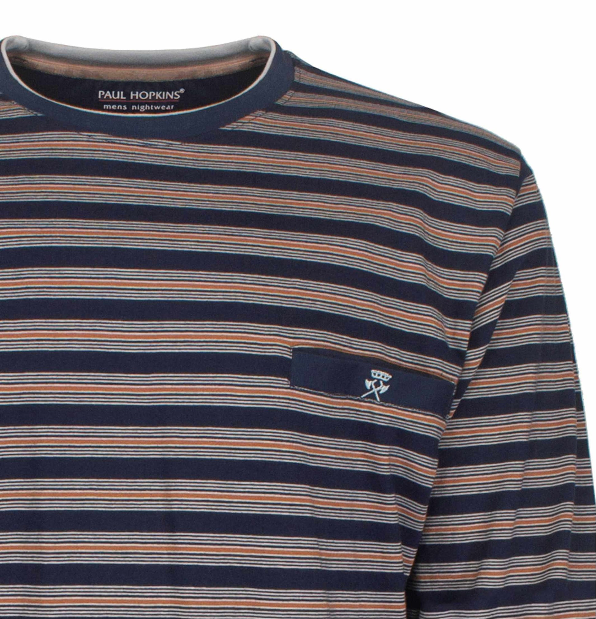Gestreepte bvan Paul Hopkins in blauw, wit en oranje. R-up van de ronde hals en merk logo.