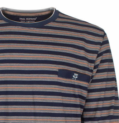 Gestreepte bvan Paul Hopkins in blauw, wit en oranje. R-up van de ronde hals en merk logo.