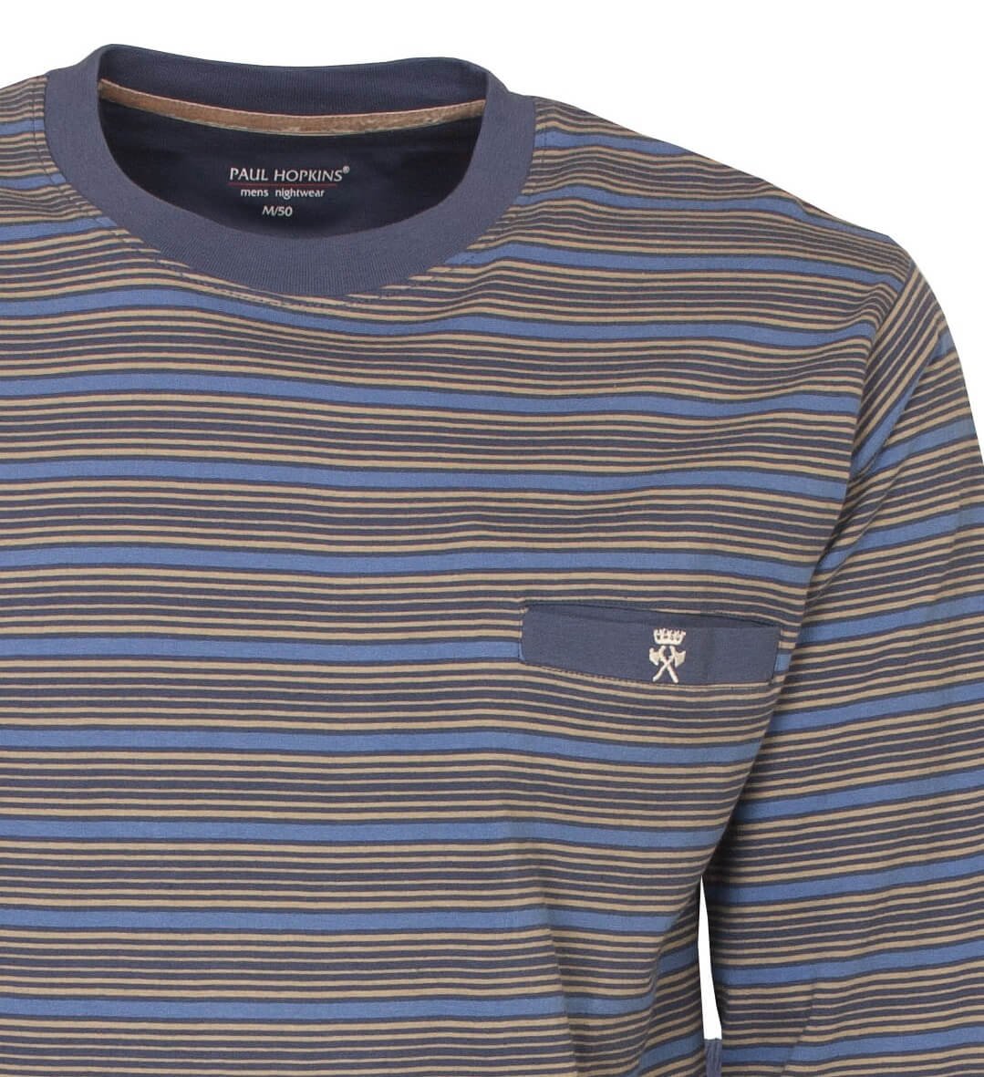 Gestreepte pyjama top in blauw en beige tinten, met ronde hals en klein merklogo op borstzakje