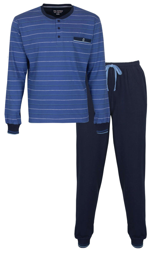 Blauwe gestreepte pyjama set met lange mouwen en lange broek, gemaakt van 100% katoen voor heren.