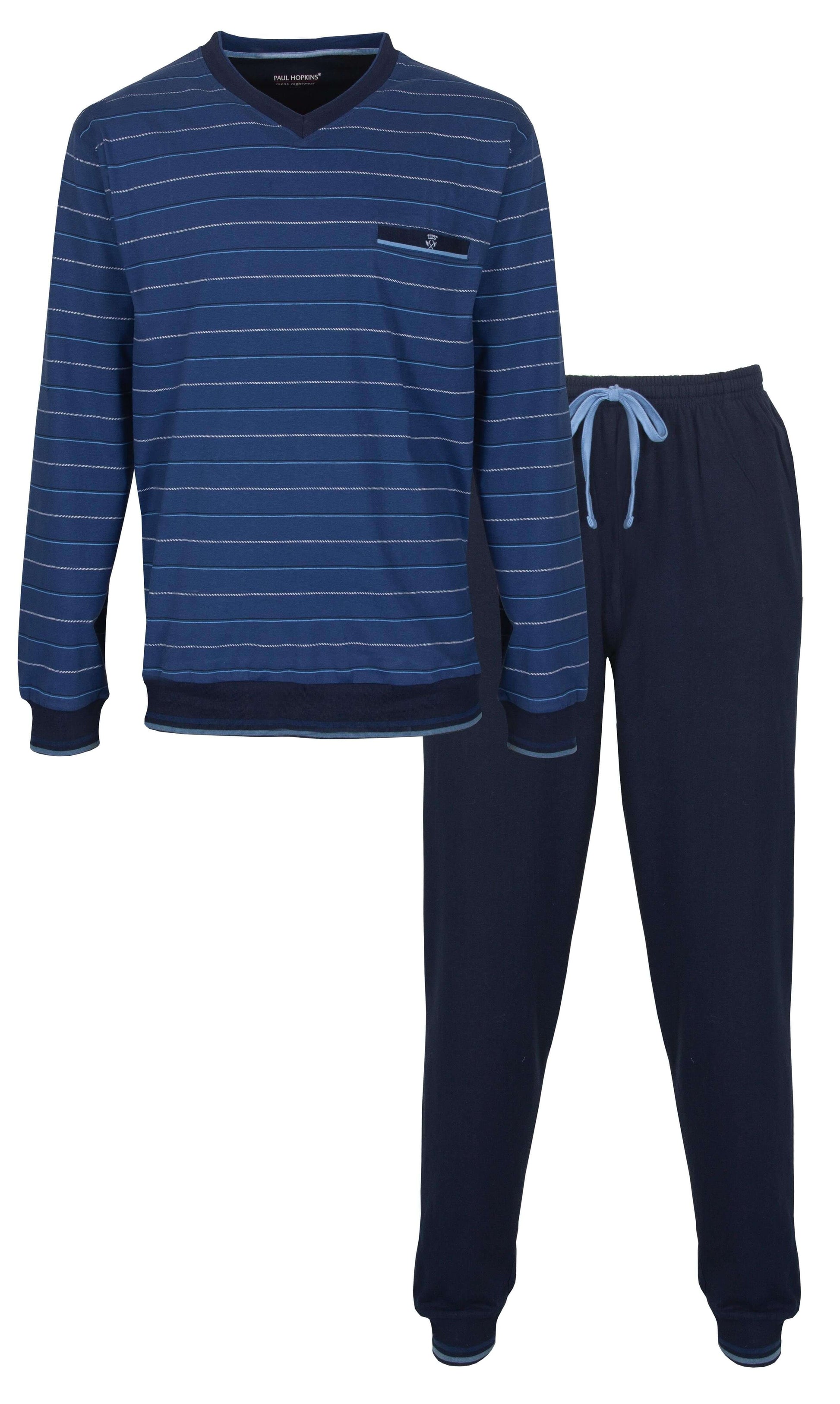 Blauwe gestreepte pyjama set met lange mouwen en broek, gemaakt van 100% katoen voor heren.