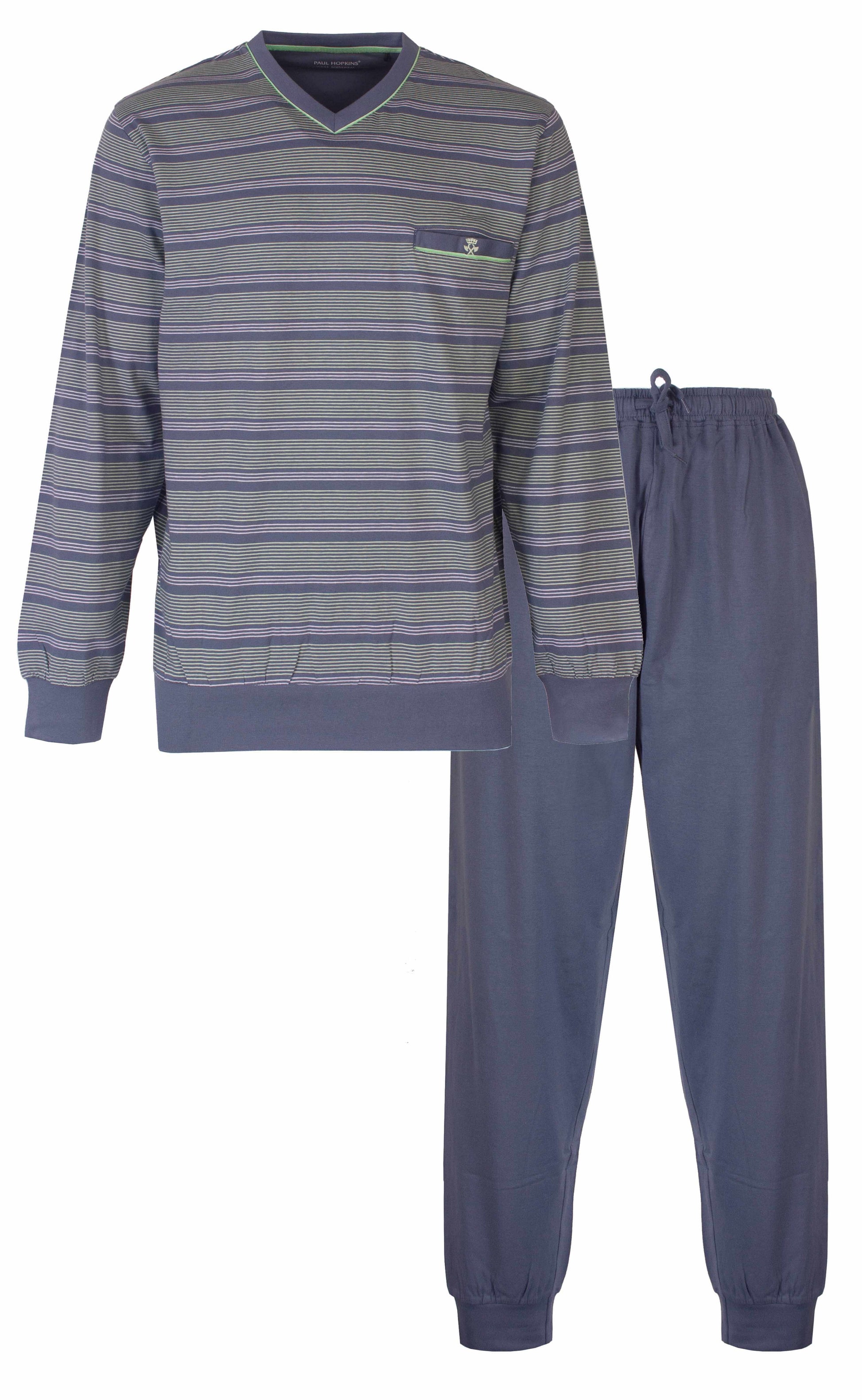 Blauwe gestreepte heren pyjama set met lange mouwen en broek, gemaakt van 100% katoen