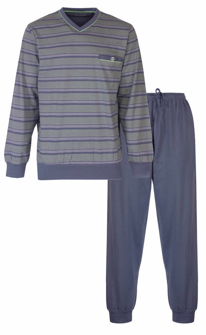 Blauwe gestreepte heren pyjama set met lange mouwen en broek, gemaakt van 100% katoen