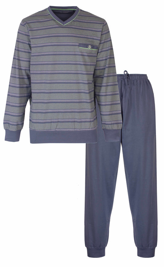 Blauwe gestreepte heren pyjama set met lange mouwen en broek, gemaakt van 100% katoen