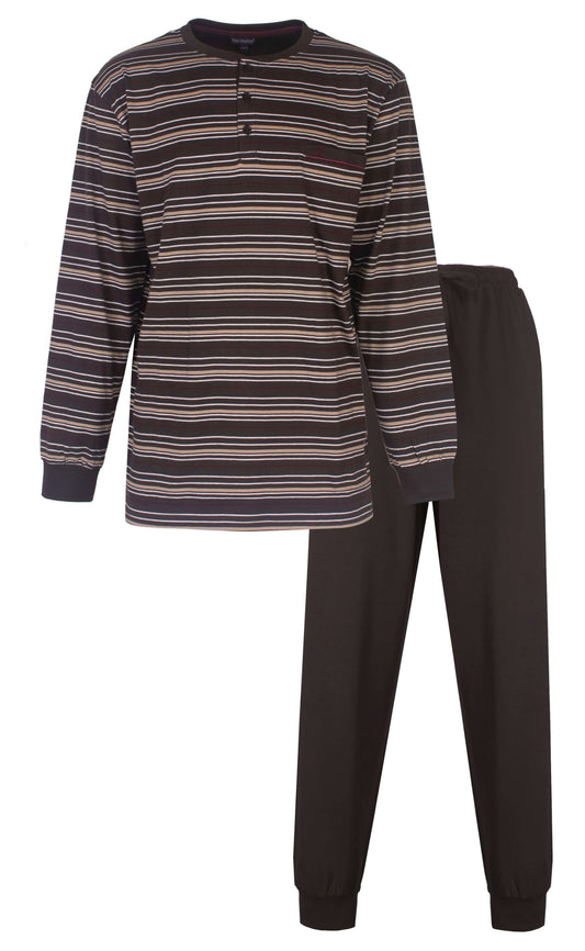 Bruine gestreepte heren pyjama set met lange mouwen en polo sluiting, inclusief effen lange broek