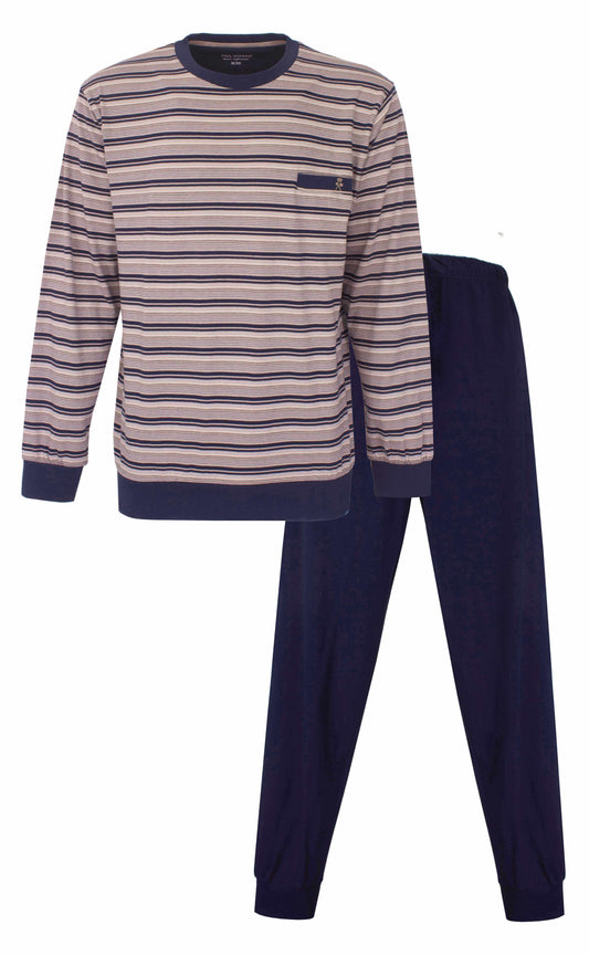 Gestreepte pyjama met lange mouwen in beige en donkerblauw, met bijpassende donkerblauwe broek